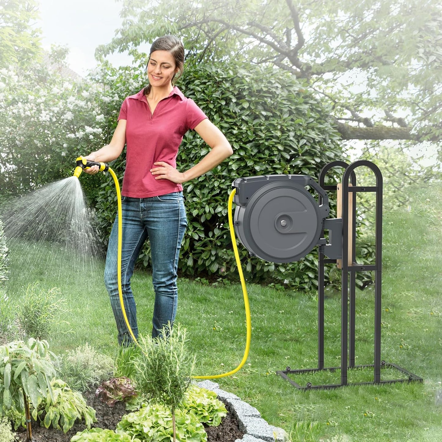 Retractable Hose Reel Stand, No Wall Damaged Freestanding Hose Holder Post