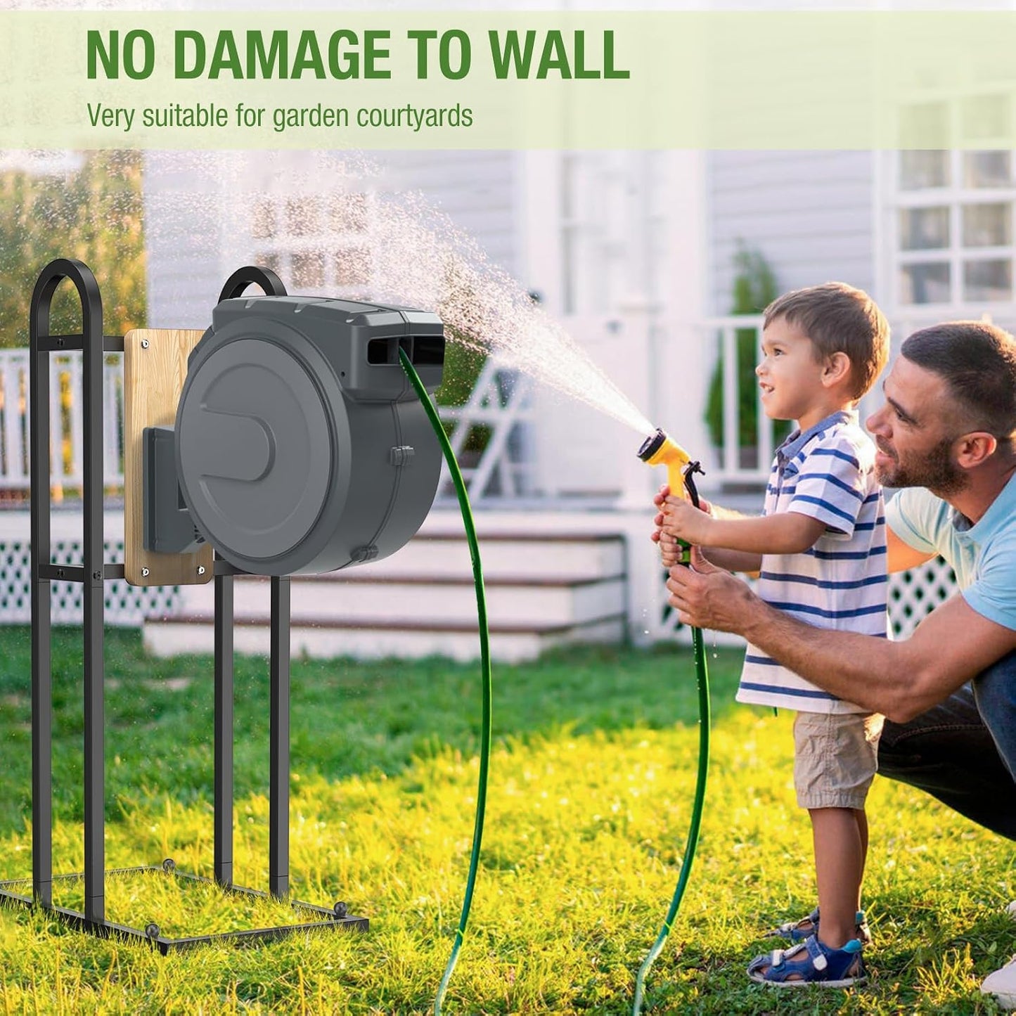 Retractable Hose Reel Stand, No Wall Damaged Freestanding Hose Holder Post