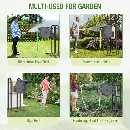 Retractable Hose Reel Stand, No Wall Damaged Freestanding Hose Holder Post