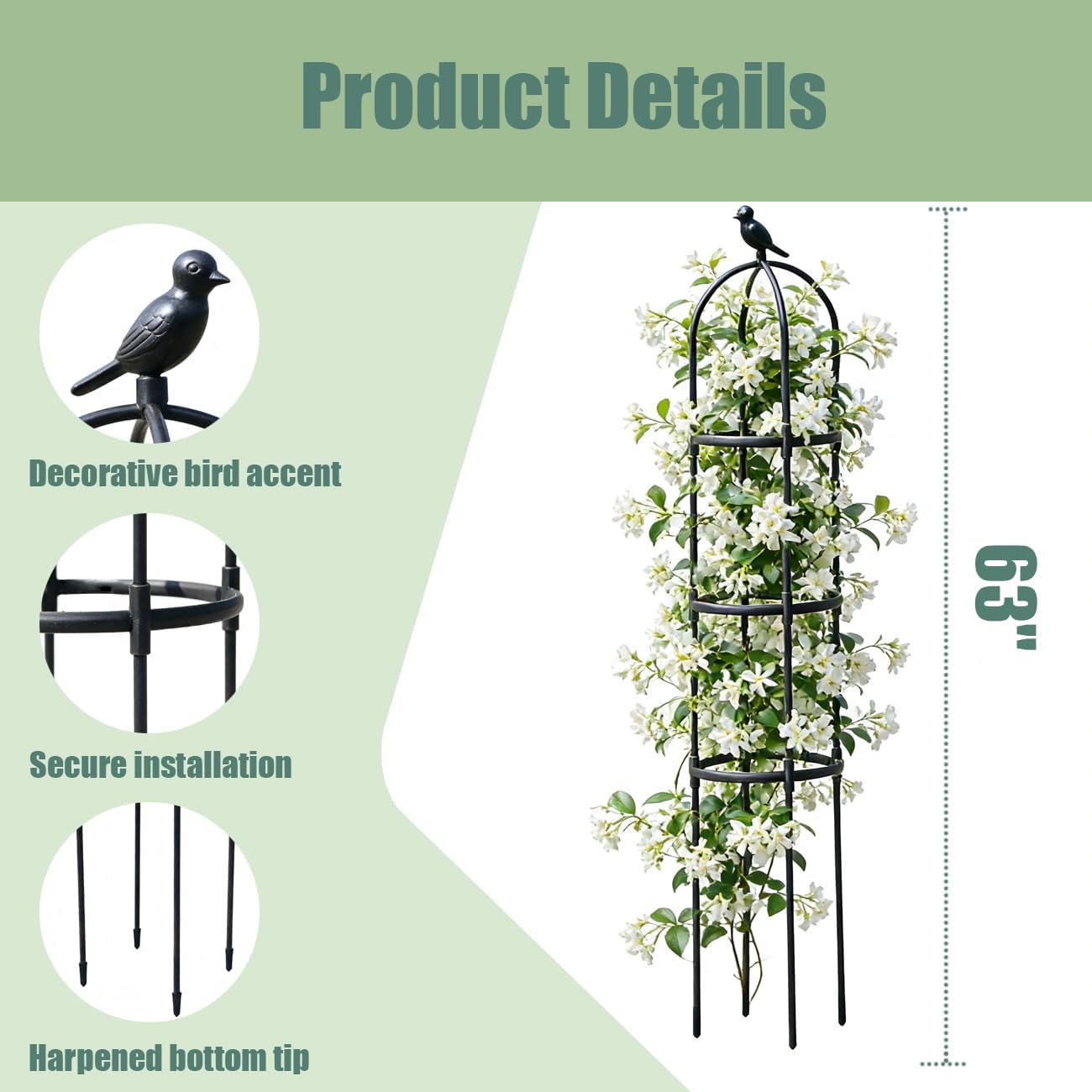 Garden Trellis, 63" Plant Support with Bird Decoration, Plant Trellis for Climbing Vines,Black Decorative Garden Cage for Climbing Roses, Clematis, Vegetables in Patio & Yard-2PACK