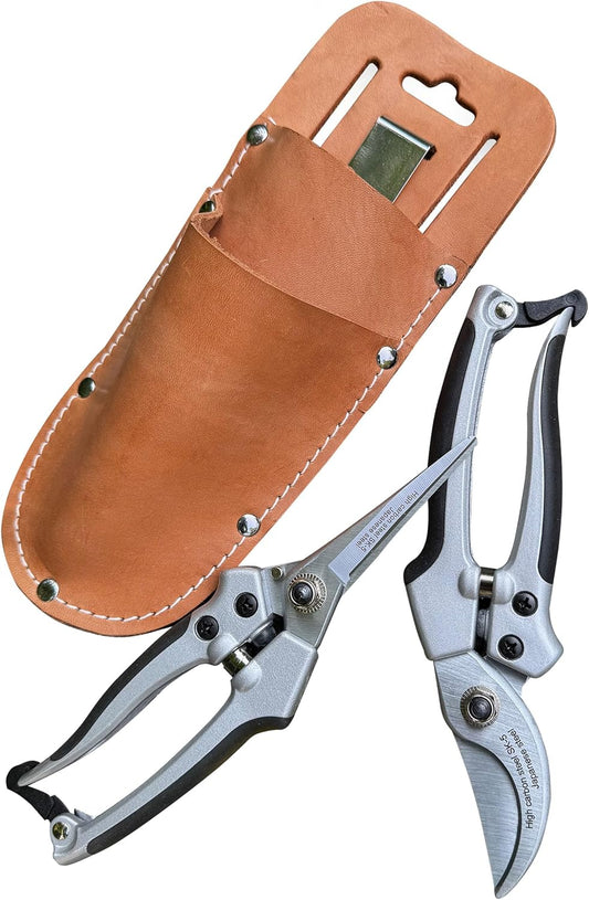 Pruning Shears for Gardening 2-Pack - 7.87” Bypass Pruners and 7.67” Straight Garden Scissors with Carbon Steel Blades and Leather Sheath - Handheld Plant Clippers and Snips