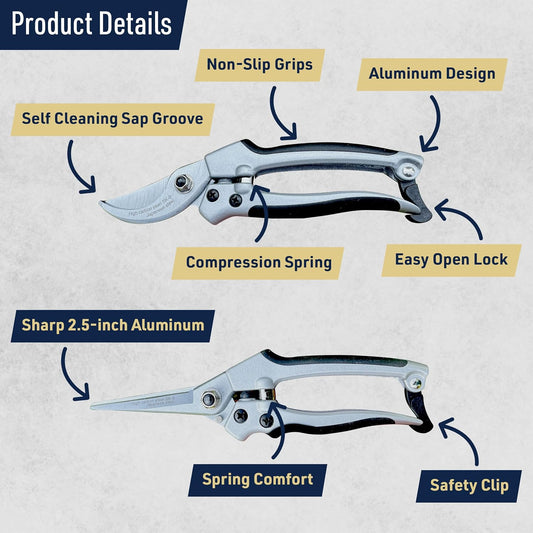 Pruning Shears for Gardening 2-Pack - 7.87” Bypass Pruners and 7.67” Straight Garden Scissors with Carbon Steel Blades and Leather Sheath - Handheld Plant Clippers and Snips