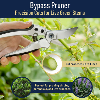 Pruning Shears for Gardening 2-Pack - 7.87” Bypass Pruners and 7.67” Straight Garden Scissors with Carbon Steel Blades and Leather Sheath - Handheld Plant Clippers and Snips