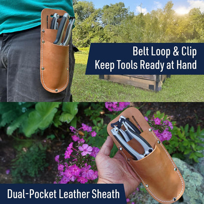 Pruning Shears for Gardening 2-Pack - 7.87” Bypass Pruners and 7.67” Straight Garden Scissors with Carbon Steel Blades and Leather Sheath - Handheld Plant Clippers and Snips