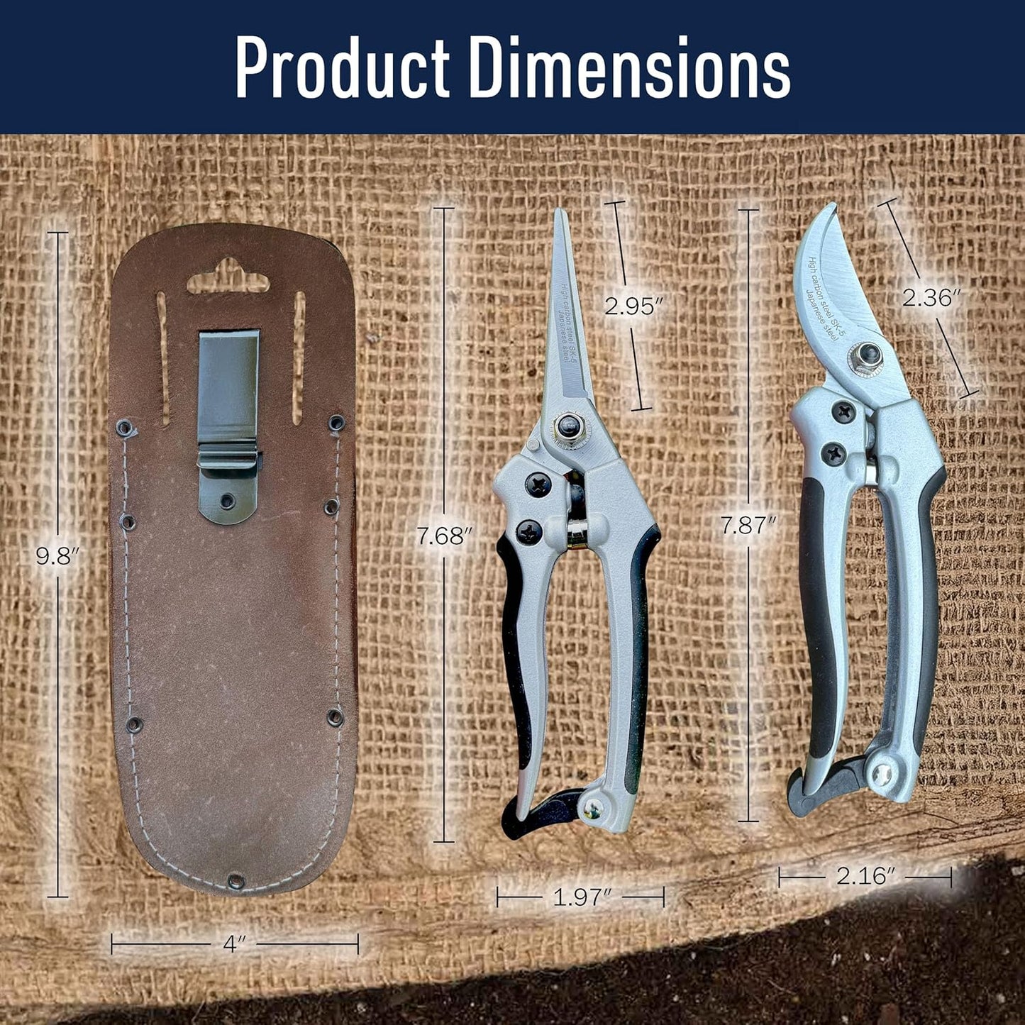 Pruning Shears for Gardening 2-Pack - 7.87” Bypass Pruners and 7.67” Straight Garden Scissors with Carbon Steel Blades and Leather Sheath - Handheld Plant Clippers and Snips