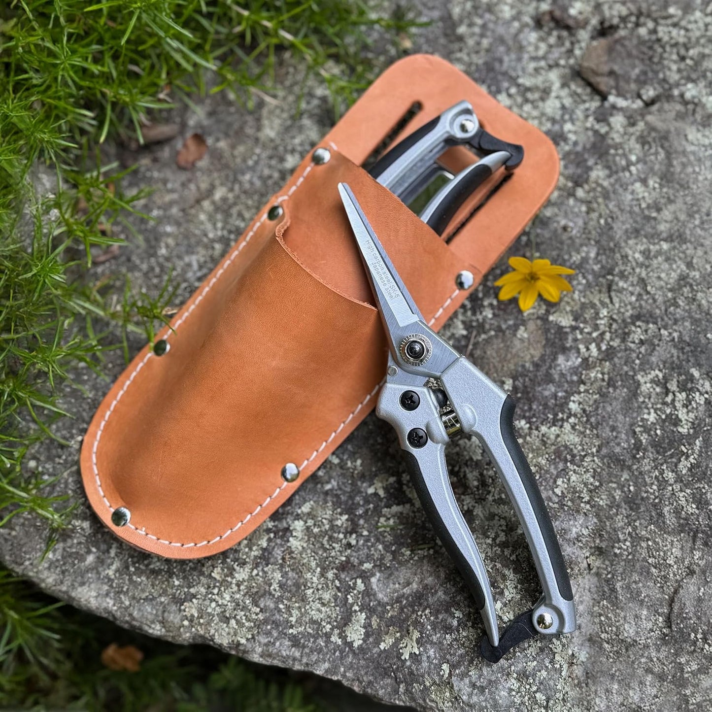 Pruning Shears for Gardening 2-Pack - 7.87” Bypass Pruners and 7.67” Straight Garden Scissors with Carbon Steel Blades and Leather Sheath - Handheld Plant Clippers and Snips