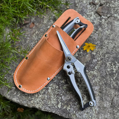 Pruning Shears for Gardening 2-Pack - 7.87” Bypass Pruners and 7.67” Straight Garden Scissors with Carbon Steel Blades and Leather Sheath - Handheld Plant Clippers and Snips