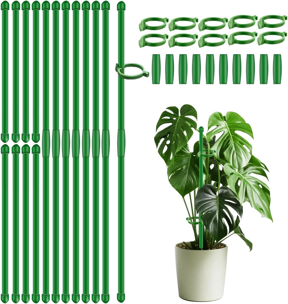 20Pcs Plant Support Stakes 17 inch Garden Orchid Sticks Extended to 3ft 4ft 5ft Plant Poles with Clips for Indoor Outdoor Potted Tomato Rose Amaryllis Vegetables Comes with 20 Ties（Green）