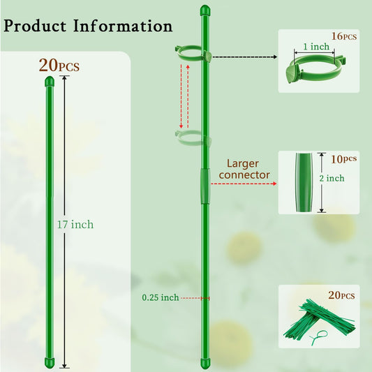 20Pcs Plant Support Stakes 17 inch Garden Orchid Sticks Extended to 3ft 4ft 5ft Plant Poles with Clips for Indoor Outdoor Potted Tomato Rose Amaryllis Vegetables Comes with 20 Ties（Green）