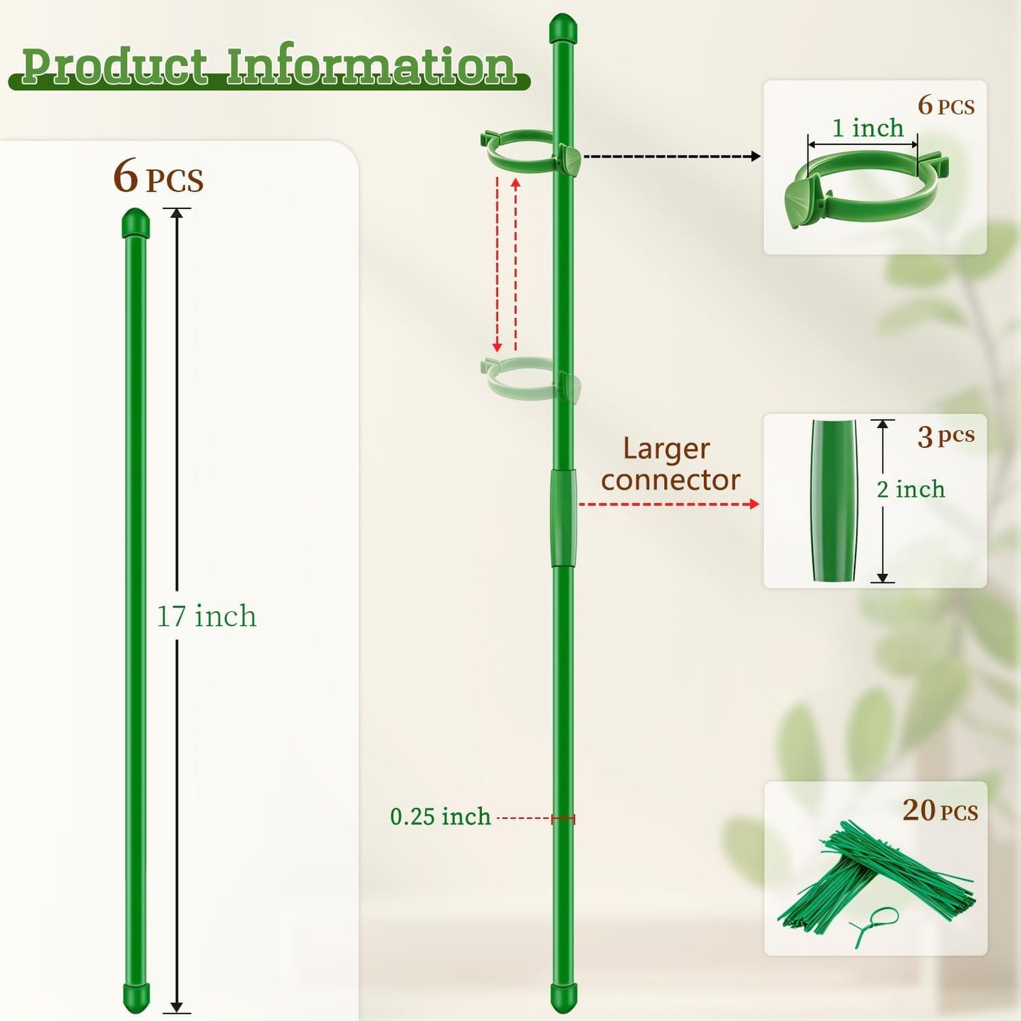 20Pcs Plant Support Stakes 17 inch Garden Orchid Sticks Extended to 3ft 4ft 5ft Plant Poles with Clips for Indoor Outdoor Potted Tomato Rose Amaryllis Vegetables Comes with 20 Ties（Green）