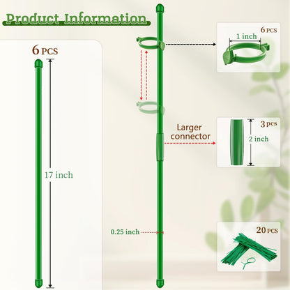 20Pcs Plant Support Stakes 17 inch Garden Orchid Sticks Extended to 3ft 4ft 5ft Plant Poles with Clips for Indoor Outdoor Potted Tomato Rose Amaryllis Vegetables Comes with 20 Ties（Green）
