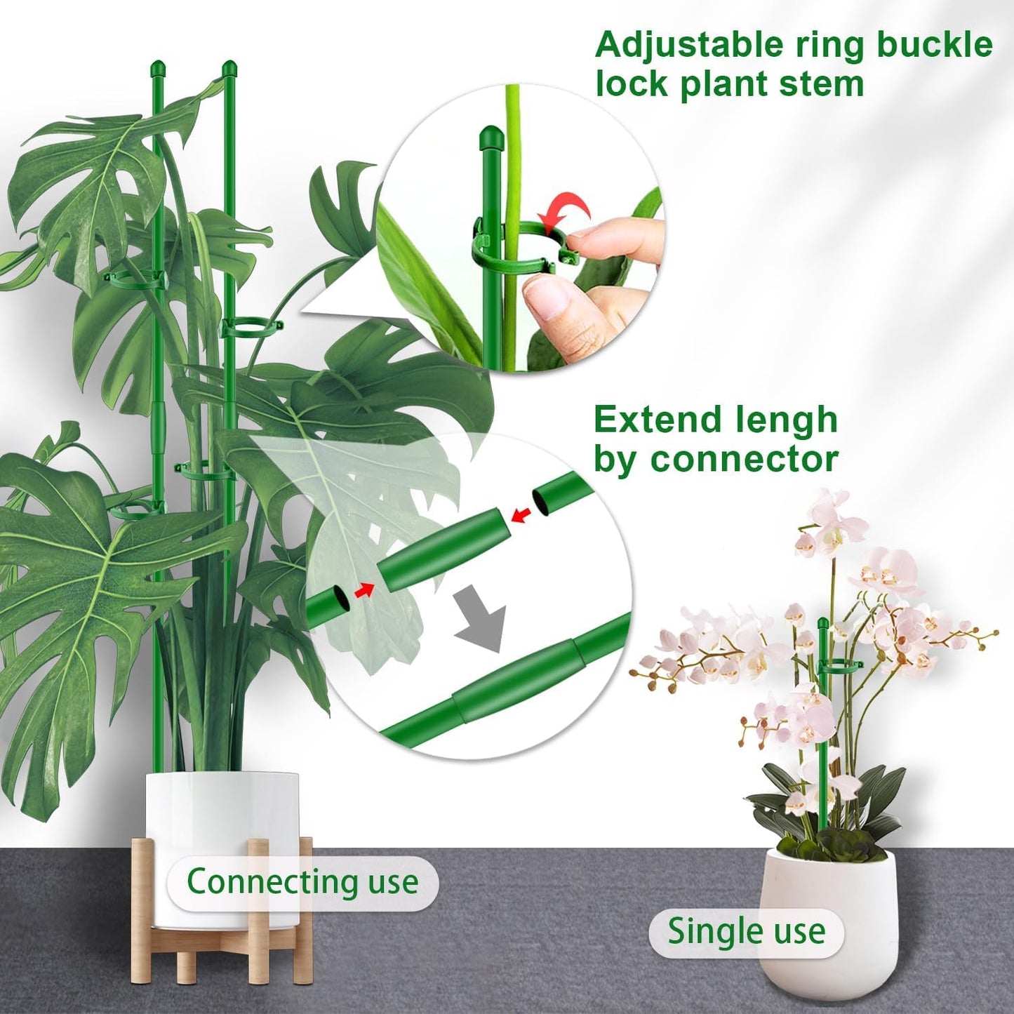20Pcs Plant Support Stakes 17 inch Garden Orchid Sticks Extended to 3ft 4ft 5ft Plant Poles with Clips for Indoor Outdoor Potted Tomato Rose Amaryllis Vegetables Comes with 20 Ties（Green）