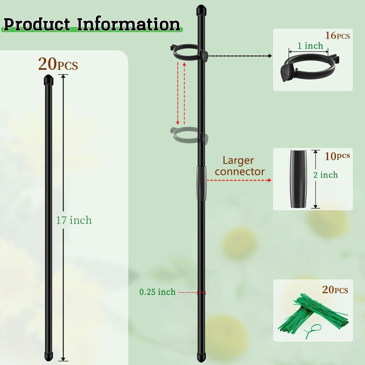 20Pcs Plant Support Stakes 17 inch Garden Orchid Sticks Extended to 3ft 4ft 5ft Plant Poles with Clips for Indoor Outdoor Potted Tomato Rose Amaryllis Vegetables Comes with 20 Ties（Green）