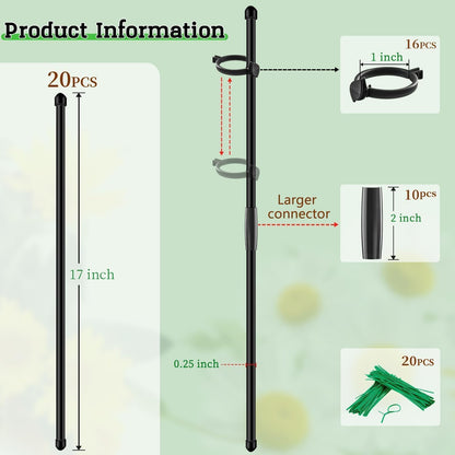 20Pcs Plant Support Stakes 17 inch Garden Orchid Sticks Extended to 3ft 4ft 5ft Plant Poles with Clips for Indoor Outdoor Potted Tomato Rose Amaryllis Vegetables Comes with 20 Ties（Green）