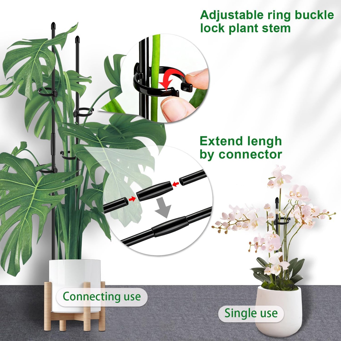 20Pcs Plant Support Stakes 17 inch Garden Orchid Sticks Extended to 3ft 4ft 5ft Plant Poles with Clips for Indoor Outdoor Potted Tomato Rose Amaryllis Vegetables Comes with 20 Ties（Green）