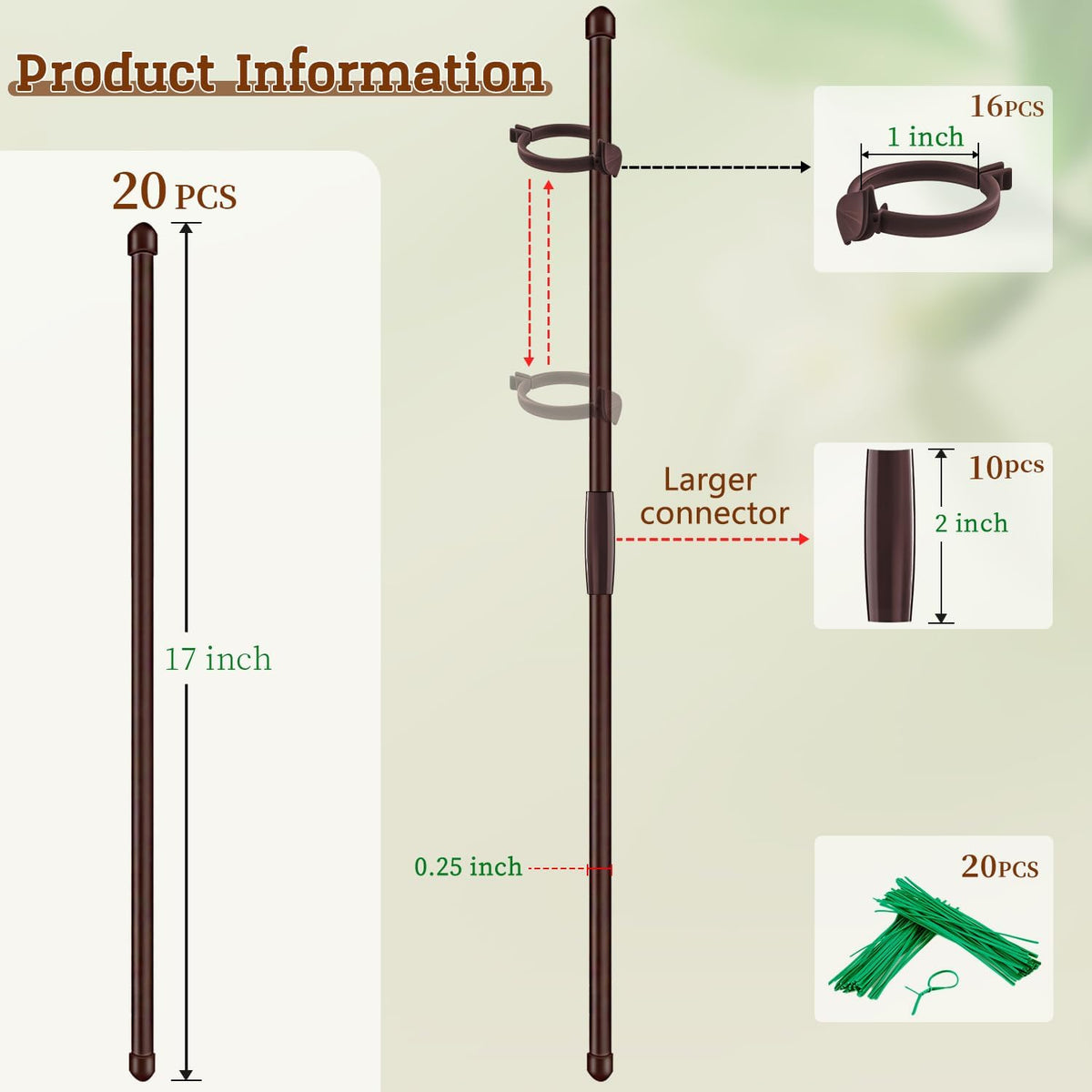 20Pcs Plant Support Stakes 17 inch Garden Orchid Sticks Extended to 3ft 4ft 5ft Plant Poles with Clips for Indoor Outdoor Potted Tomato Rose Amaryllis Vegetables Comes with 20 Ties（Green）