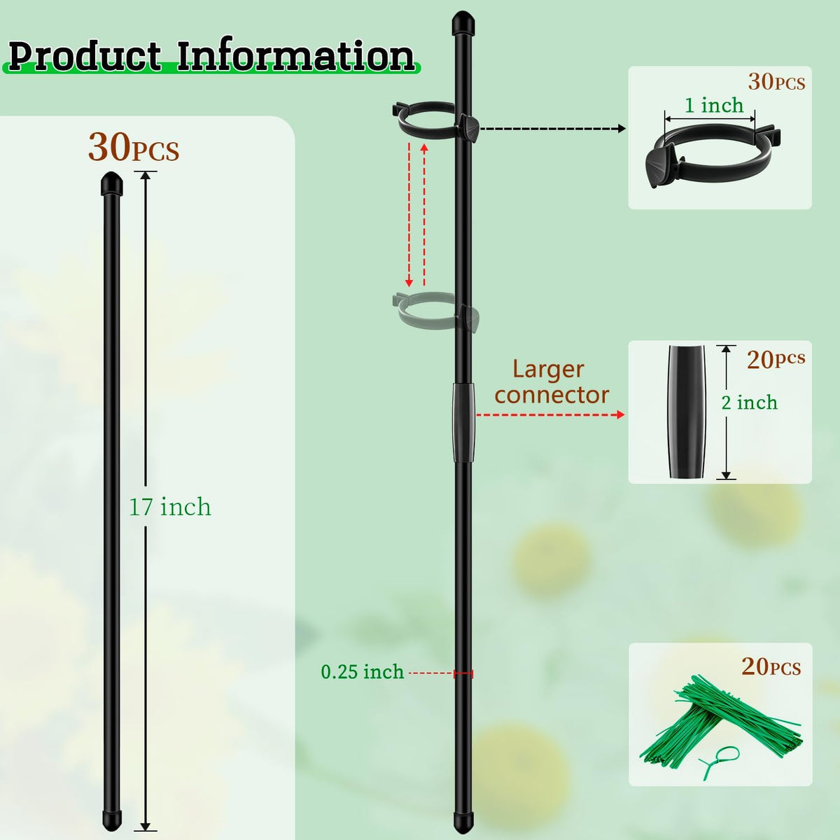 20Pcs Plant Support Stakes 17 inch Garden Orchid Sticks Extended to 3ft 4ft 5ft Plant Poles with Clips for Indoor Outdoor Potted Tomato Rose Amaryllis Vegetables Comes with 20 Ties（Green）