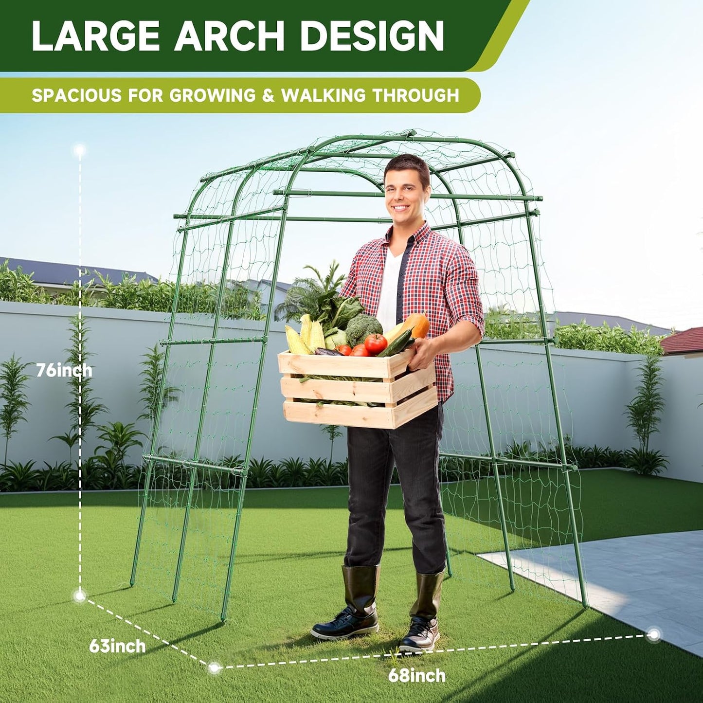 Garden Arch Trellis for Climbing Plants, 6.3ft Tall, Green