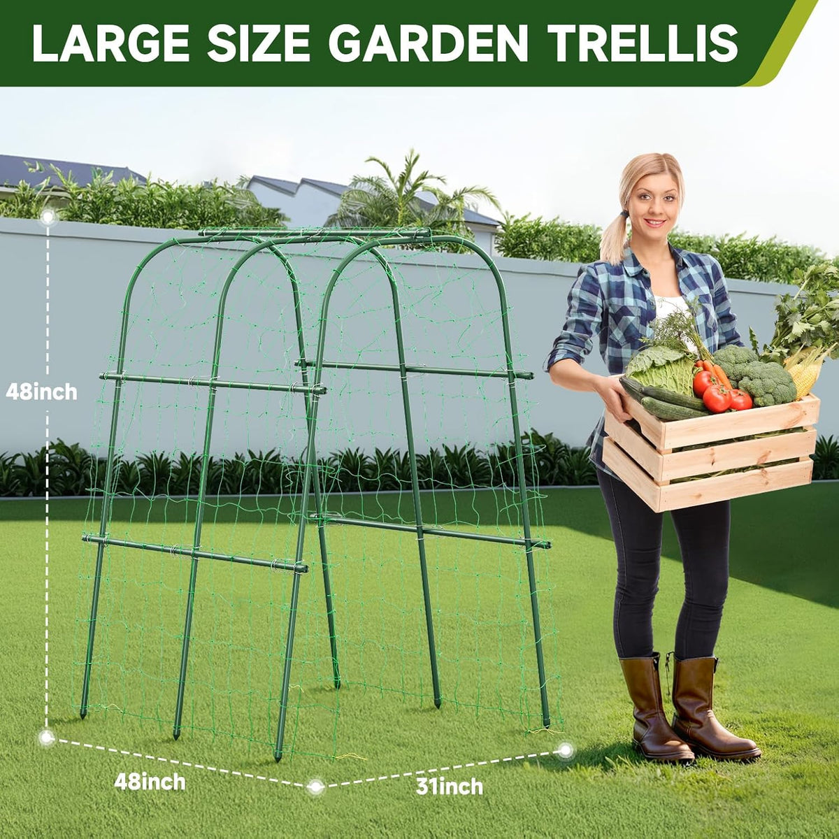Garden Arch Trellis for Climbing Plants, 6.3ft Tall, Green