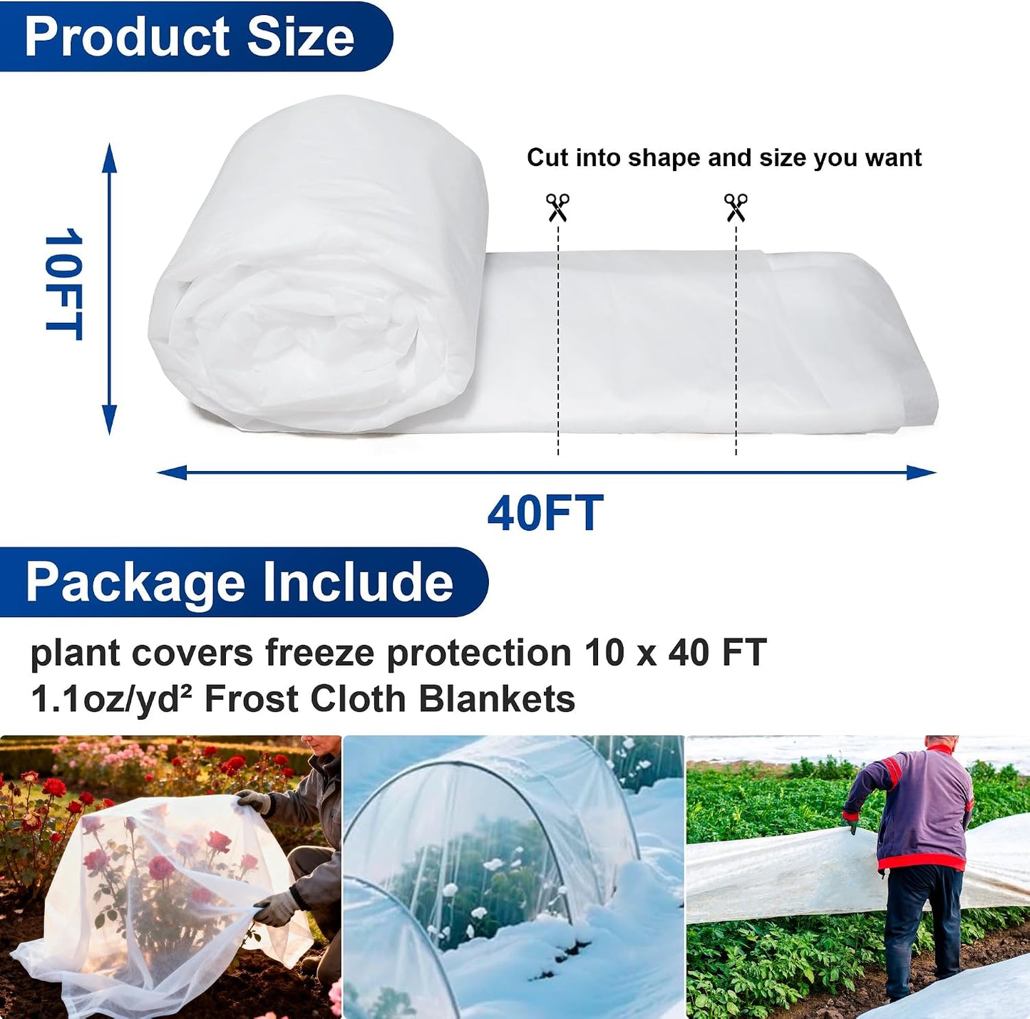 Plant Covers Freeze Protection, 10 * 40FT 1.1 oz/yd² Large Thick Frost Blankets for Outdoor Plants in Winter, Floating Row Cover for Vegetable Garden, Frost Cloth Plant Freeze Protection