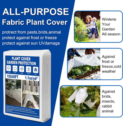Plant Covers Freeze Protection, 10 * 40FT 1.1 oz/yd² Large Thick Frost Blankets for Outdoor Plants in Winter, Floating Row Cover for Vegetable Garden, Frost Cloth Plant Freeze Protection