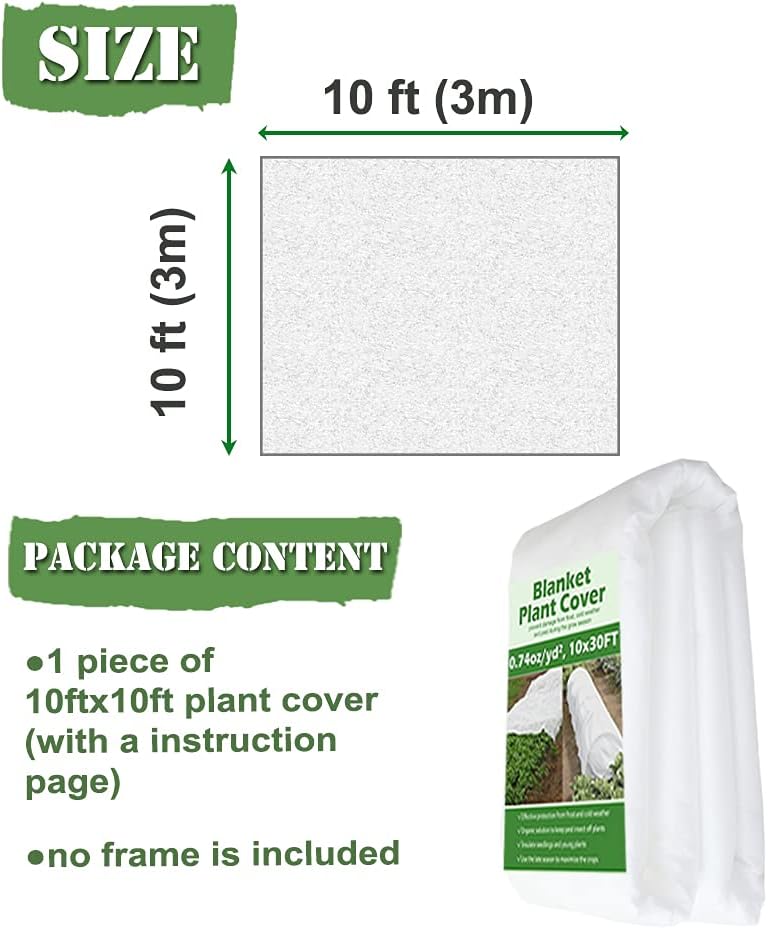 Plant Covers Freeze Protection 10 ft x 10 ft Floating Row Cover 1.5 oz/yd² Garden Fabric Plant Cover for Winter Frost/Sun Pest Protection (10FT X 10FT)