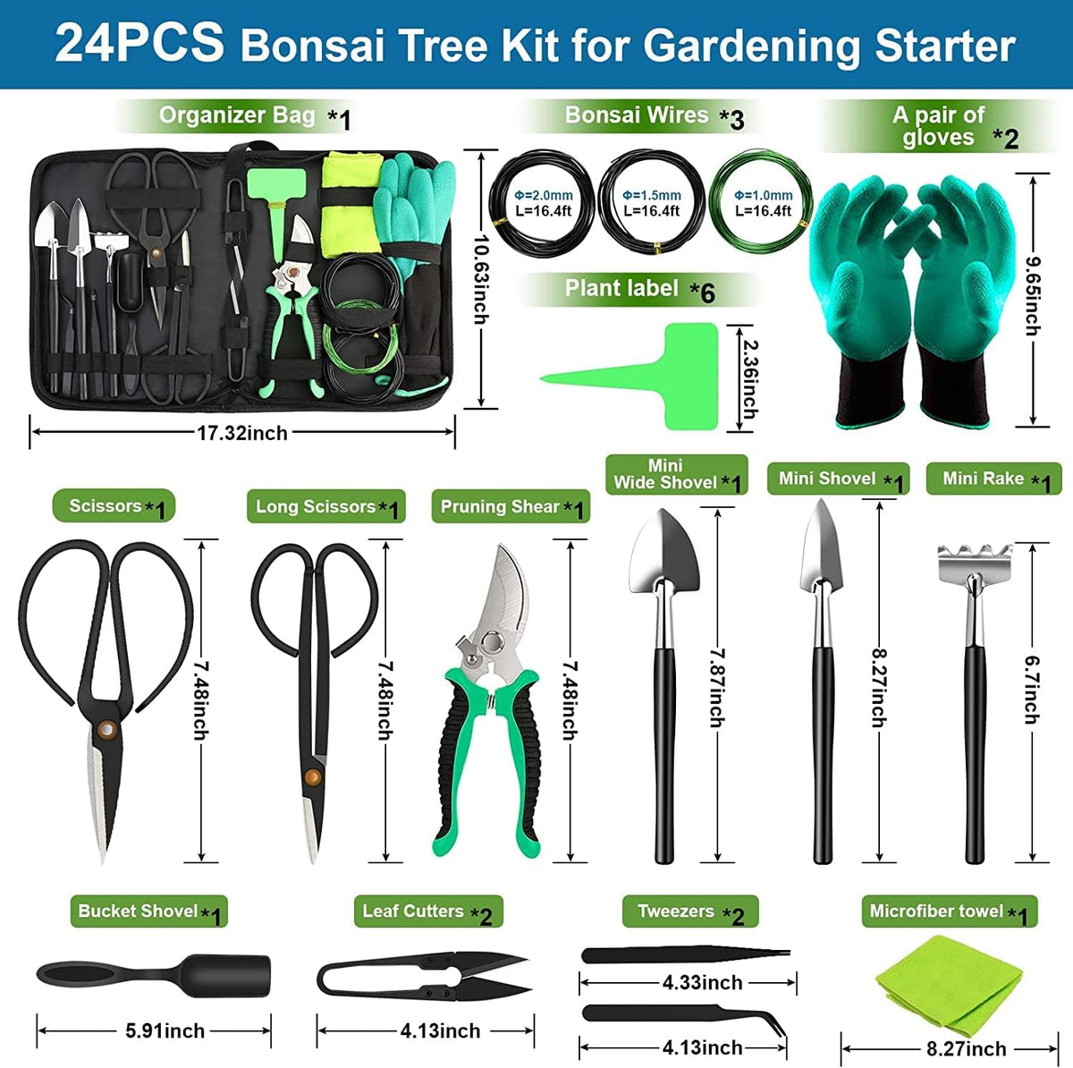 Bonsai Tools Kit 24PCS – Starter Trimming & Pruning Set for Beginners
