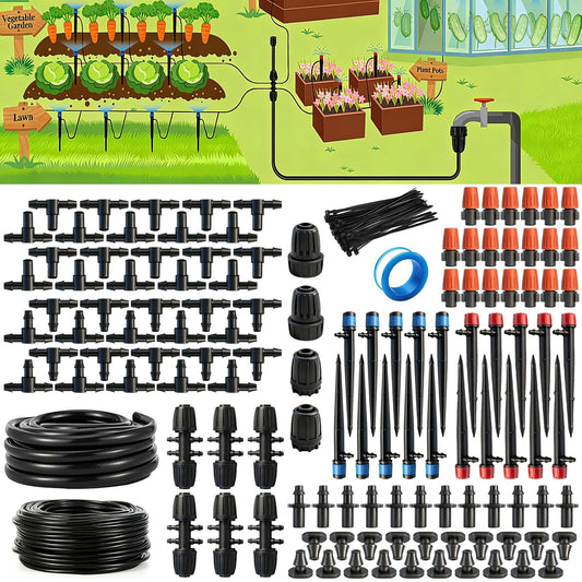 135PCS 240FT Drip Irrigation System Set, Automatic Drip Irrigation Kit for Greenhouse, Yard, Lawn, Plant, with 1/2 inch Hose, 1/4 inch Distribution Tubing and Accessories