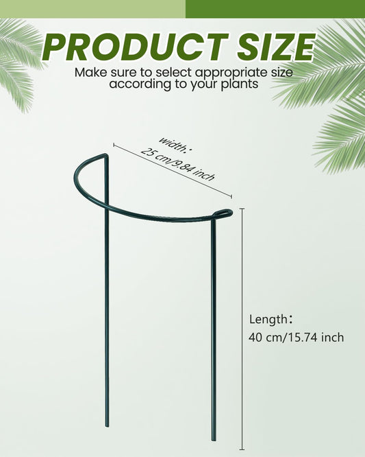 10-Pack Heavy-Duty Plant Support Stakes, 10" W x 16" H Half-Round Rust-Resistant Metal Garden Border & Climbing Plant Cage, Sturdy Ring Stake for Indoor/Outdoor Flowers, Vines, Vegetables