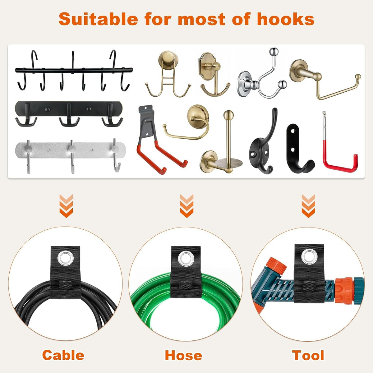 Heavy-Duty Storage Straps，Extension Cord Holder Organizer Variety Pack Holds 55lbs，Fit Easily on Hooks or Nails ， Perfect for Garage Organization 3-pk 10",14" and 18", Black (9, BLACK)