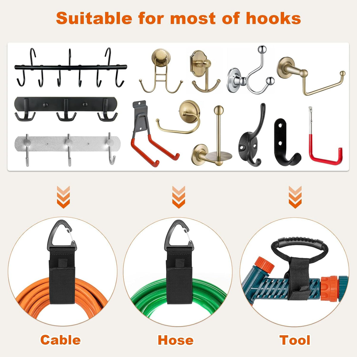 Heavy-Duty Storage Straps，Extension Cord Holder Organizer Variety Pack Holds 55lbs，Fit Easily on Hooks or Nails ， Perfect for Garage Organization 3-pk 10",14" and 18", Black (9, BLACK)