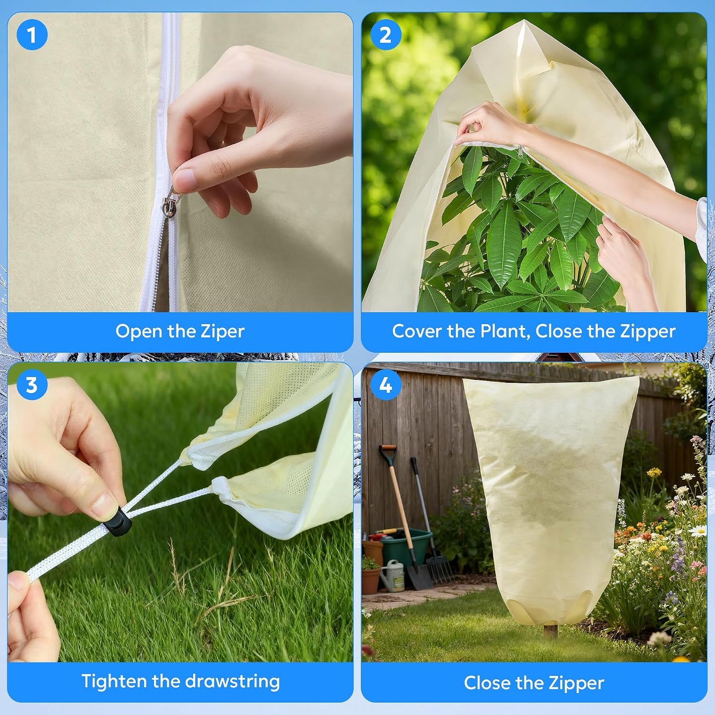4 Packs 2 Size Plant Covers Freeze Protection, Winter Plant Cover Cold Weather Tree Frost Cloth Warm Blankets Shrub Covers for Outdoor Plant (32''×39''+47''×71'')