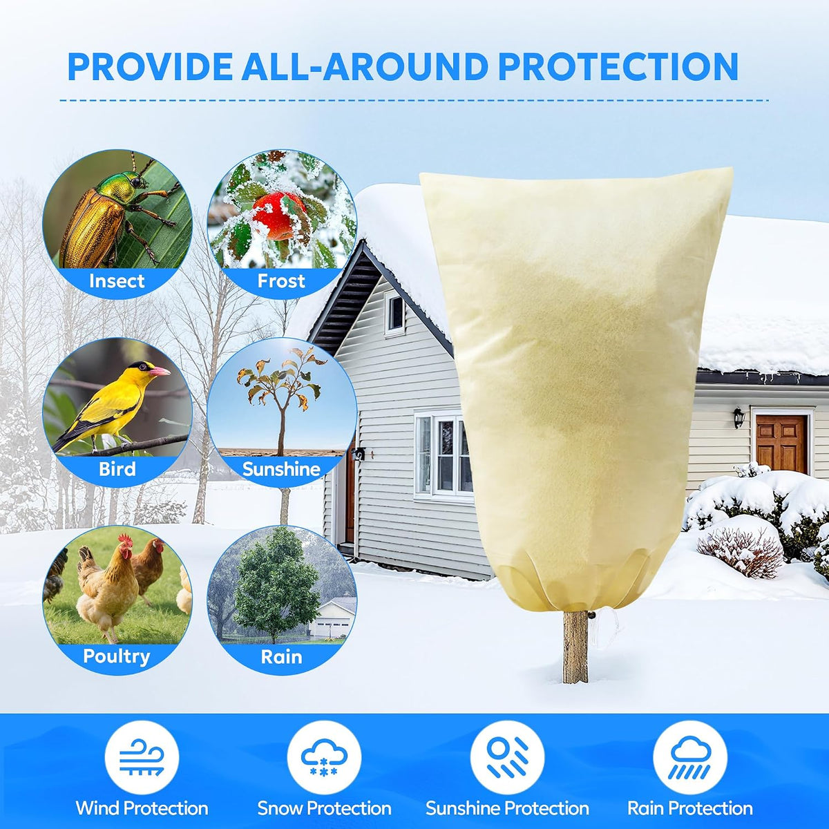 4 Packs 2 Size Plant Covers Freeze Protection, Winter Plant Cover Cold Weather Tree Frost Cloth Warm Blankets Shrub Covers for Outdoor Plant (32''×39''+47''×71'')
