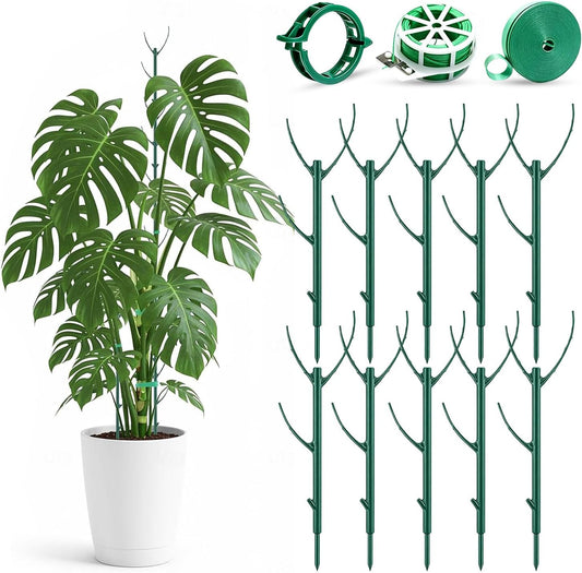 10 Pack Stackable Monstera Plant Support Stakes, Adjustable Climbing Plant Poles for Indoor Outdoor Plants, Durable Green Garden Stakes with Clips and Tape for Pothos, Philodendron, Vines