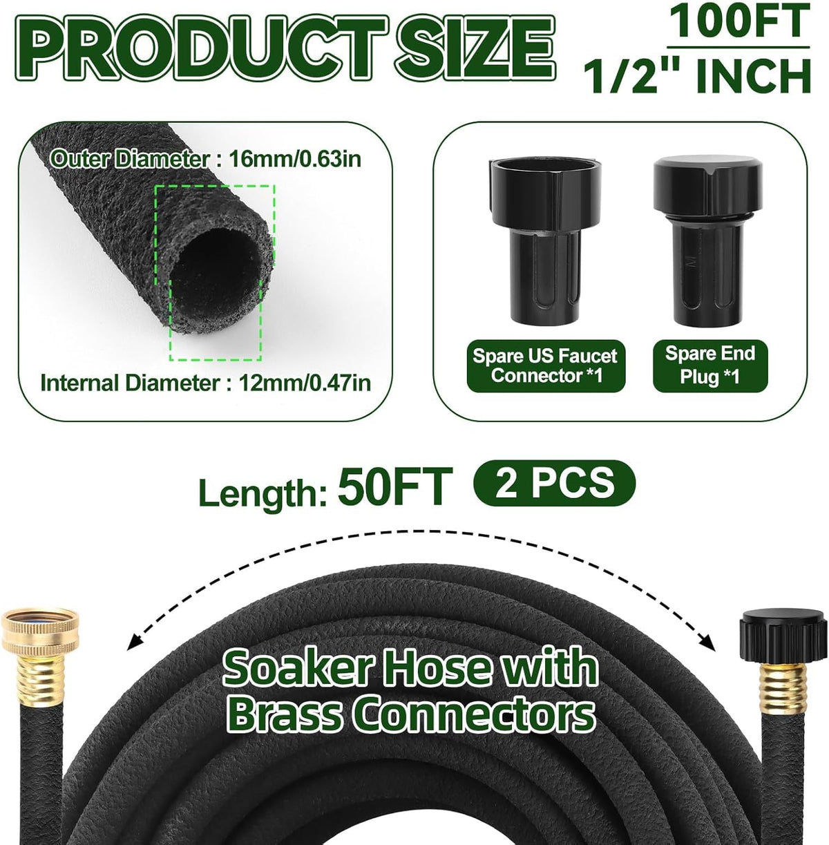 100FT Soaker Hose 1/2" Drip Hose for Garden 80% Water Saving Drip Hose with Brass Connectors Drip Irrigation System Kit for Flower Bed Lawn Garden