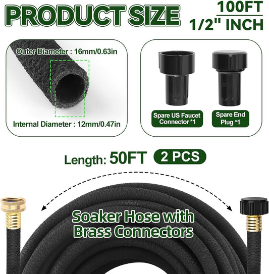 100FT Soaker Hose 1/2" Drip Hose for Garden 80% Water Saving Drip Hose with Brass Connectors Drip Irrigation System Kit for Flower Bed Lawn Garden