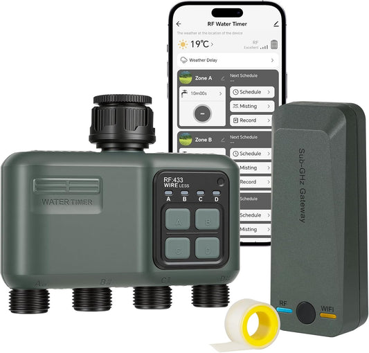 WiFi Water Timer for Garden Hose, Sprinkler Timer 4 Zone, Smart Hose Water with WiFi Irrigation Controller,Voice Control RF433 Automatic Irrigation System/Rain Delay/Manual Watering D34WT06