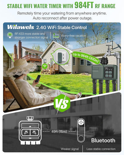 WiFi Water Timer for Garden Hose, Sprinkler Timer 4 Zone, Smart Hose Water with WiFi Irrigation Controller,Voice Control RF433 Automatic Irrigation System/Rain Delay/Manual Watering D34WT06