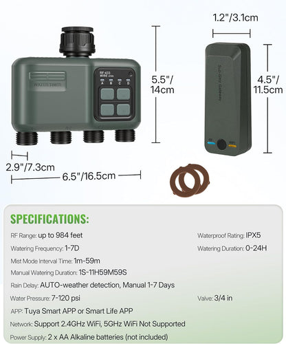 WiFi Water Timer for Garden Hose, Sprinkler Timer 4 Zone, Smart Hose Water with WiFi Irrigation Controller,Voice Control RF433 Automatic Irrigation System/Rain Delay/Manual Watering D34WT06