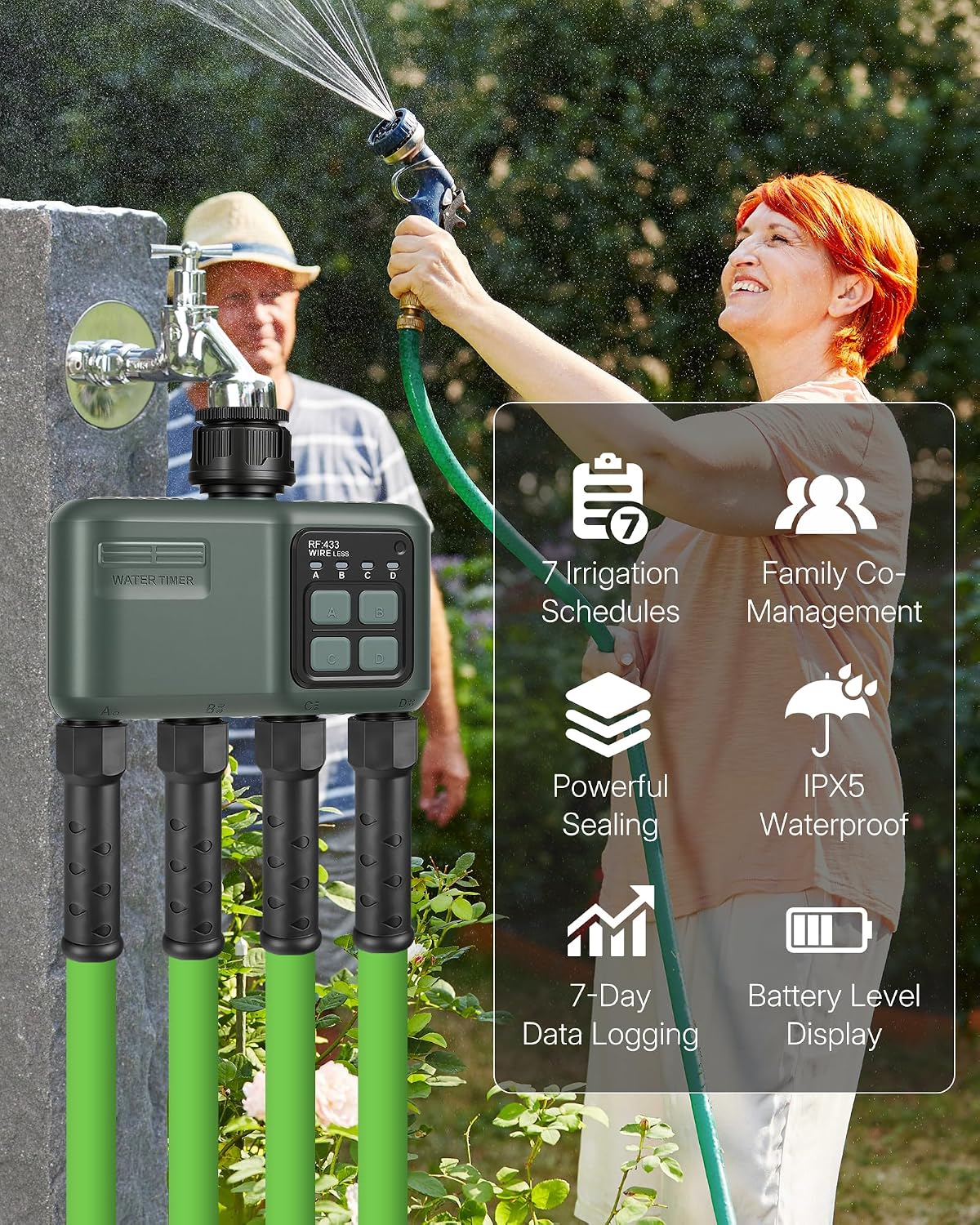 WiFi Water Timer for Garden Hose, Sprinkler Timer 4 Zone, Smart Hose Water with WiFi Irrigation Controller,Voice Control RF433 Automatic Irrigation System/Rain Delay/Manual Watering D34WT06
