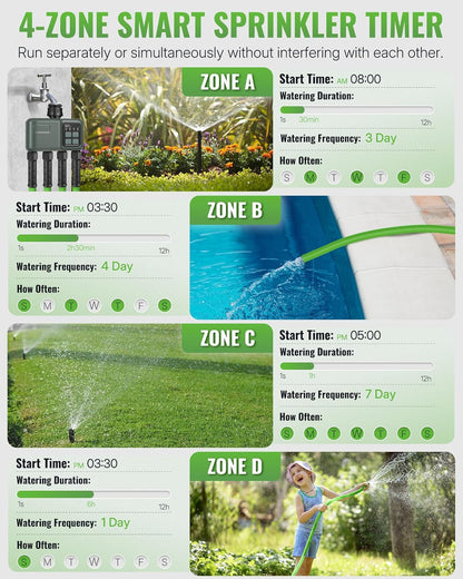 WiFi Water Timer for Garden Hose, Sprinkler Timer 4 Zone, Smart Hose Water with WiFi Irrigation Controller,Voice Control RF433 Automatic Irrigation System/Rain Delay/Manual Watering D34WT06