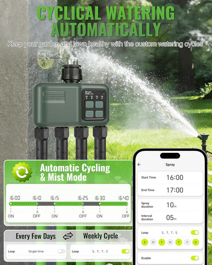 WiFi Water Timer for Garden Hose, Sprinkler Timer 4 Zone, Smart Hose Water with WiFi Irrigation Controller,Voice Control RF433 Automatic Irrigation System/Rain Delay/Manual Watering D34WT06