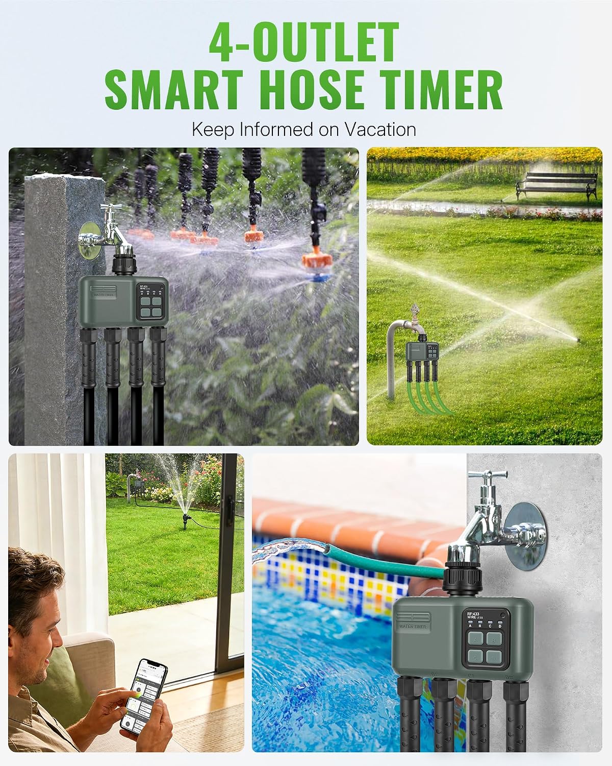 WiFi Water Timer for Garden Hose, Sprinkler Timer 4 Zone, Smart Hose Water with WiFi Irrigation Controller,Voice Control RF433 Automatic Irrigation System/Rain Delay/Manual Watering D34WT06