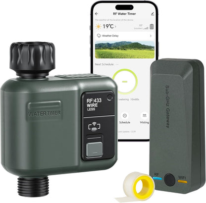 WiFi Water Timer for Garden Hose, Sprinkler Timer 4 Zone, Smart Hose Water with WiFi Irrigation Controller,Voice Control RF433 Automatic Irrigation System/Rain Delay/Manual Watering D34WT06