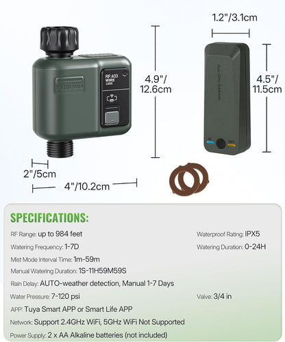 WiFi Water Timer for Garden Hose, Sprinkler Timer 4 Zone, Smart Hose Water with WiFi Irrigation Controller,Voice Control RF433 Automatic Irrigation System/Rain Delay/Manual Watering D34WT06