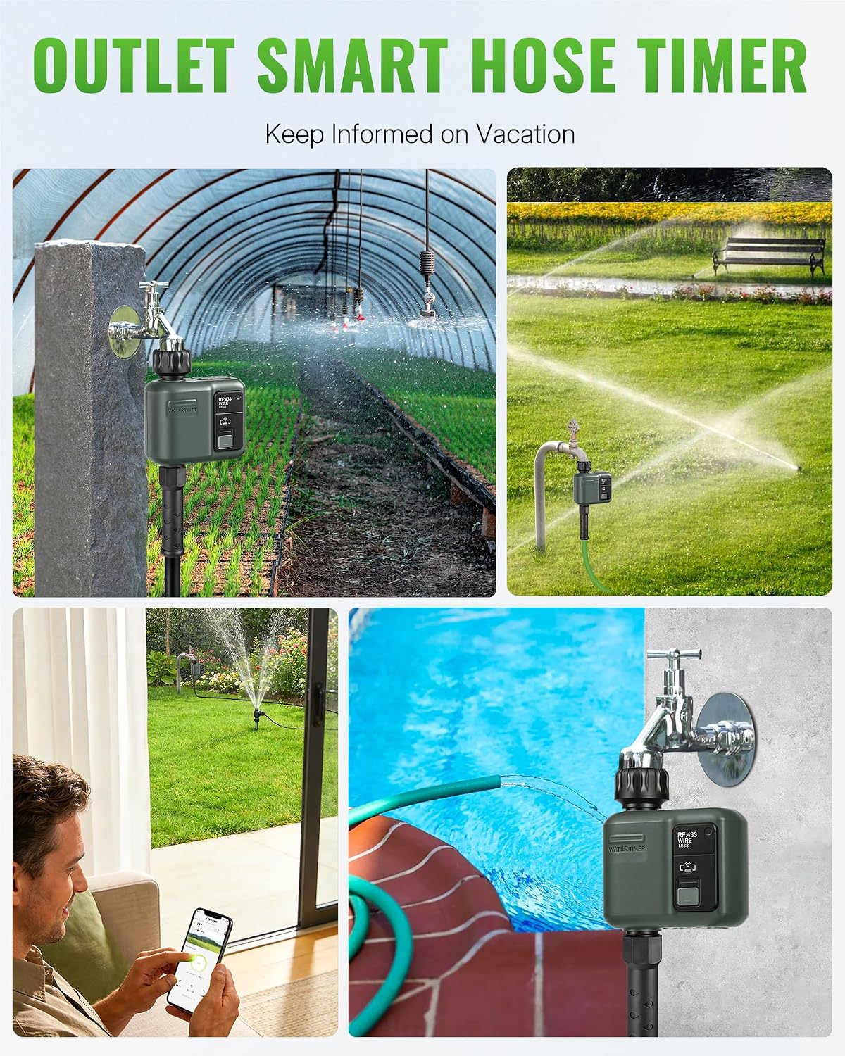 WiFi Water Timer for Garden Hose, Sprinkler Timer 4 Zone, Smart Hose Water with WiFi Irrigation Controller,Voice Control RF433 Automatic Irrigation System/Rain Delay/Manual Watering D34WT06