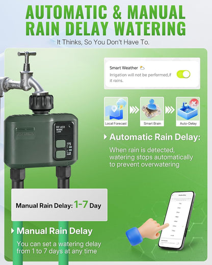 WiFi Water Timer for Garden Hose, Sprinkler Timer 4 Zone, Smart Hose Water with WiFi Irrigation Controller,Voice Control RF433 Automatic Irrigation System/Rain Delay/Manual Watering D34WT06