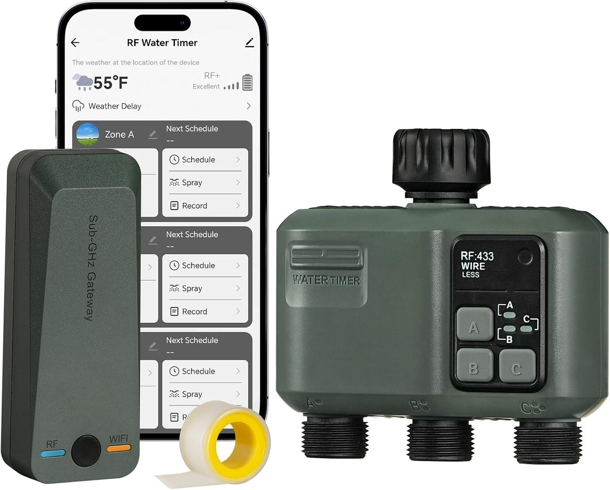 WiFi Water Timer for Garden Hose, Sprinkler Timer 4 Zone, Smart Hose Water with WiFi Irrigation Controller,Voice Control RF433 Automatic Irrigation System/Rain Delay/Manual Watering D34WT06