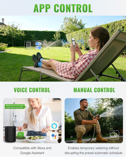 WiFi Water Timer for Garden Hose, Sprinkler Timer 4 Zone, Smart Hose Water with WiFi Irrigation Controller,Voice Control RF433 Automatic Irrigation System/Rain Delay/Manual Watering D34WT06