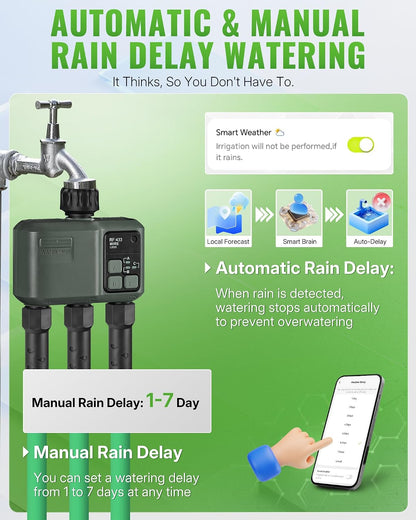 WiFi Water Timer for Garden Hose, Sprinkler Timer 4 Zone, Smart Hose Water with WiFi Irrigation Controller,Voice Control RF433 Automatic Irrigation System/Rain Delay/Manual Watering D34WT06